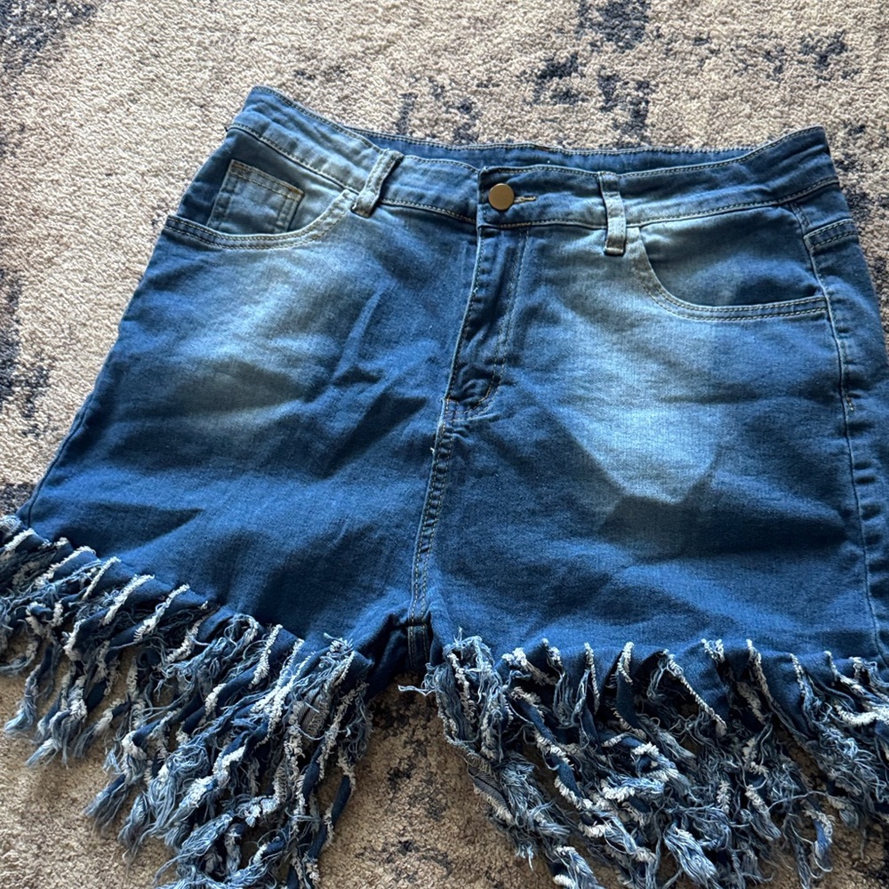 SHEIN Blue Jean Shorts with Fringe Hem